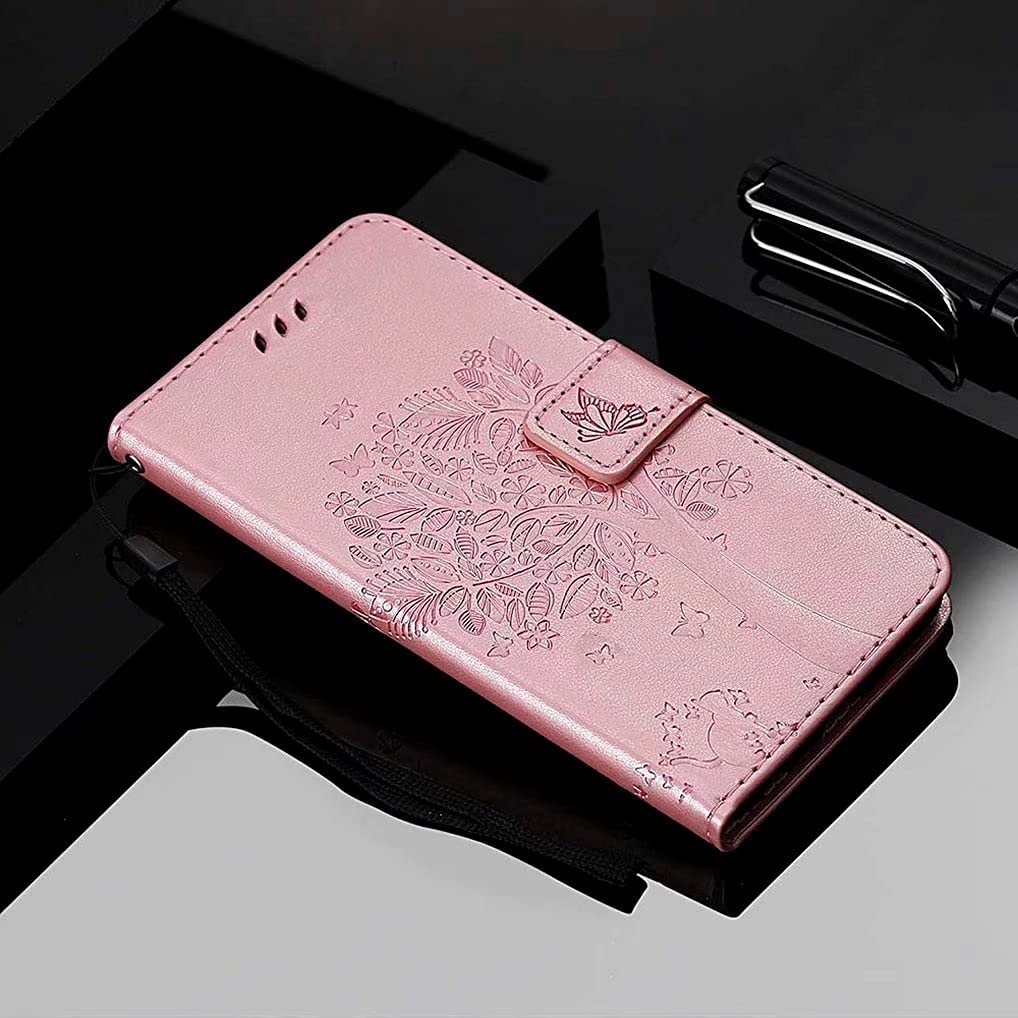Custodia Portafoglio Per Xiaomi Redmi 10 5G / Note 11E – Design Foglie E Gatto In Rilievo – Con Cinghia E Supporto – Oro Rosa