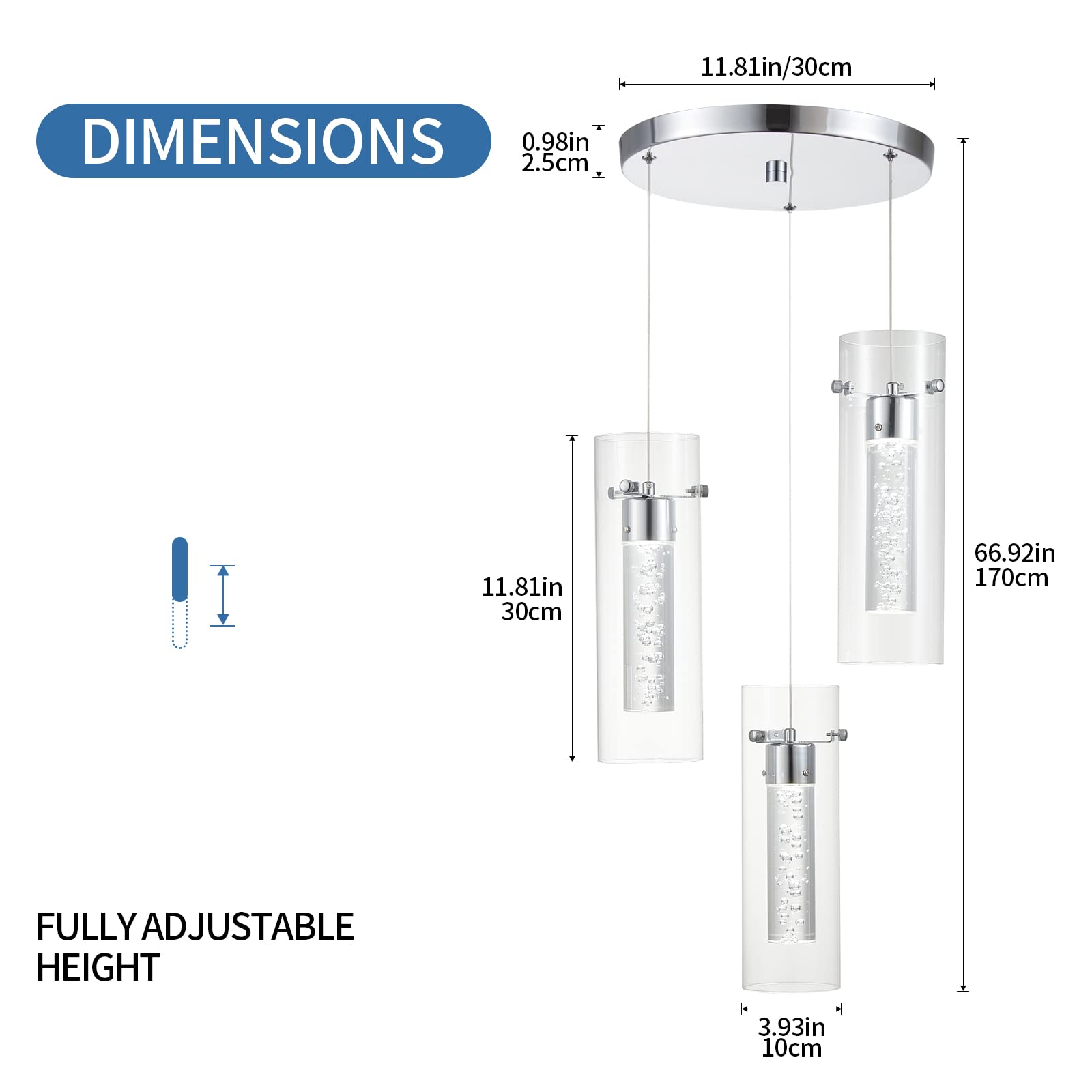 ZHLWIN Pendant Ceiling Light Fixture for Kitchen Island, Integrated LED Hanging Light with Crystal Bubble Glass 18W, Modern Chandelier, Restaurant, Dining Room(3 Light)