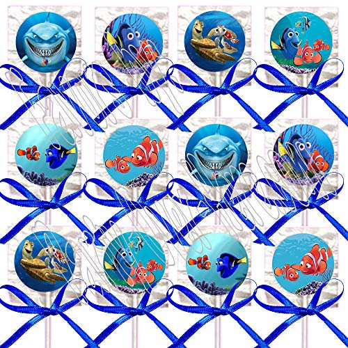 Finding Nemo Lollipops Party Favors Supplies Decorations Movie Lollipops W/ Royal Blue Ribbon Bows -12 Pcs Dory, Marlin, Nigel #TOP21