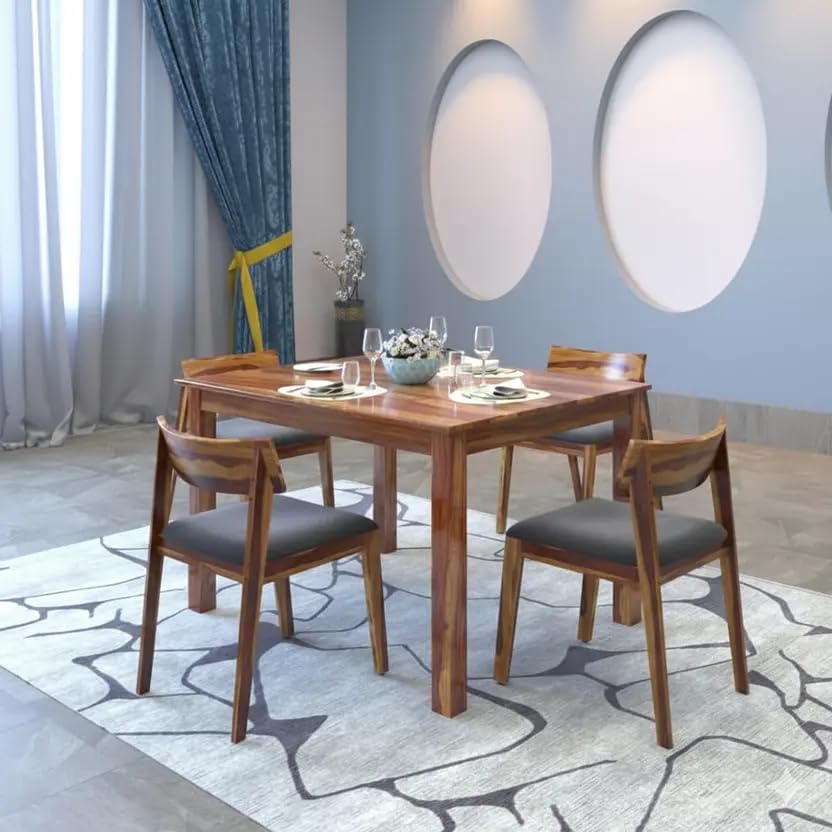 Image of RECTART Solid Wood Dining Table Set with Chairs for Living Room Home | Wooden Dining Room Sets Furniture for Hotels and Restaurants | (Natural Finish, 4 Seater-B)
