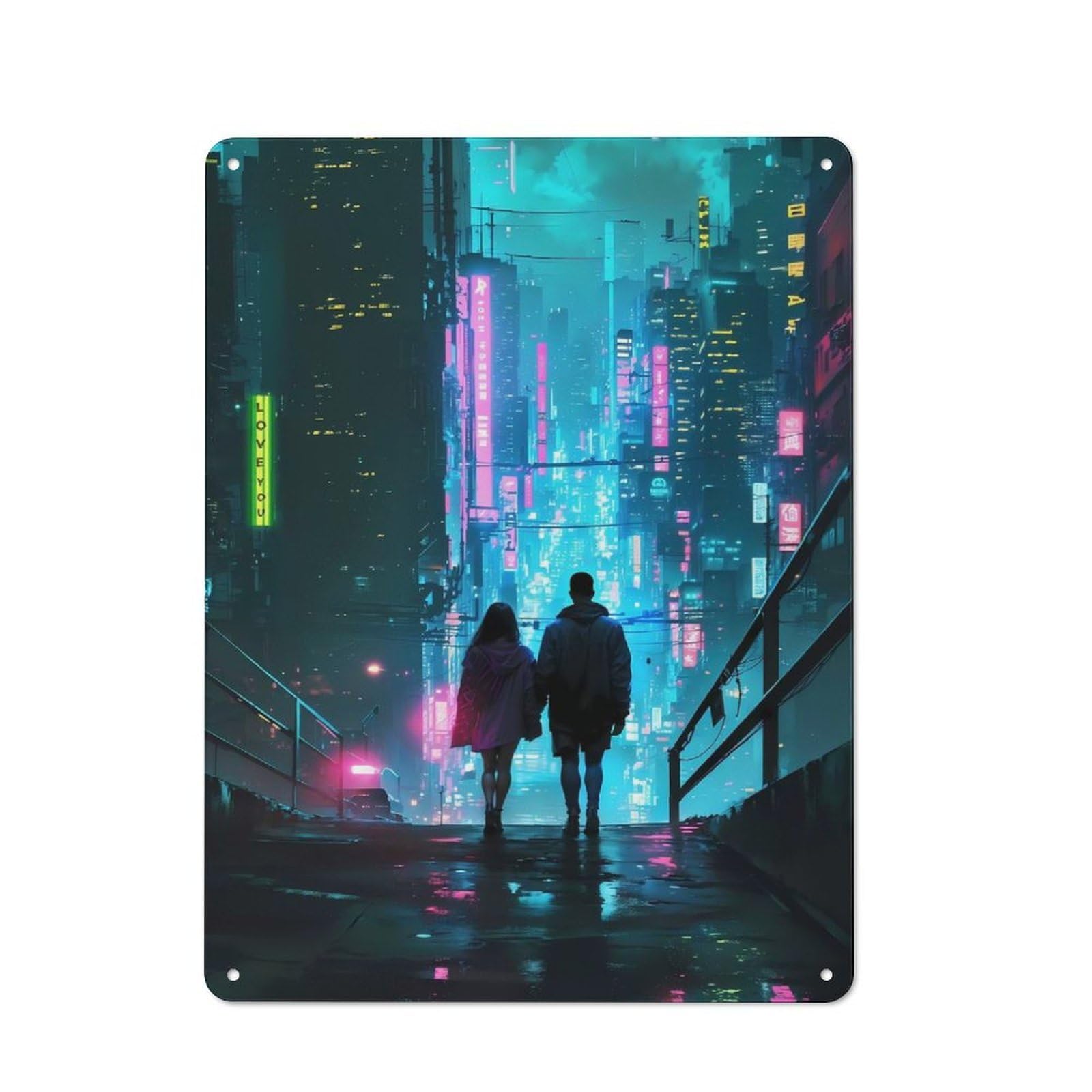 Future Neon City Couple Metal Wall Plaque for Seasonal Kitchen, Dining Room Or Entrance, Christmas Gift for Friends And Family, 40x30cm