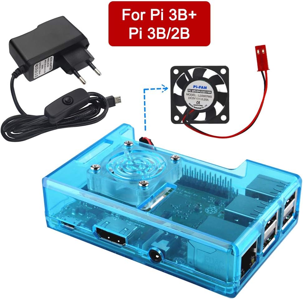 VSTON Raspberry Pi 3 B+ Case with Fan Power Supply 5V 2.5A ON/OFF Switch On Cable for Pi 3 Model B+, Pi 3, Pi 2 B,Blue