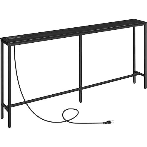 Console Table with Power Outlet, 70.9" Narrow Sofa Table, Industrial Entryway Table with USB Ports, Behind Couch Table for Entryway, Hallway, Foyer, Living Room, Bedroom, Black CTHB18E01