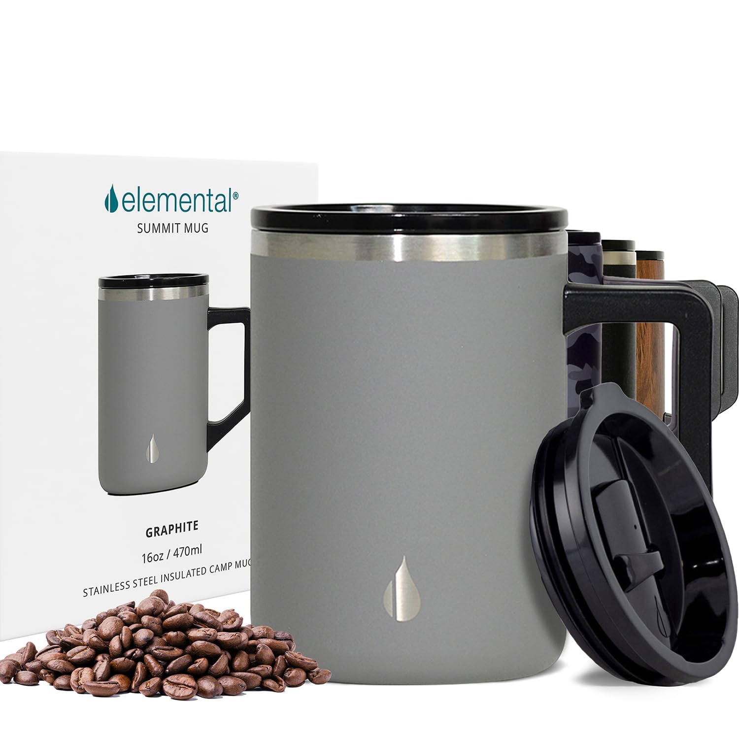Elemental Insulated Coffee Mug - Triple-Wall Stainless Steel Summit Travel Cup for Hot and Cold Drinks - Thermal Coffee Mug with Lid and Handle for Camping, Office & Travel 16oz - Graphite