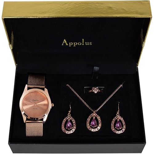 Womens Wrist Watch Set - Best Gift For Mom Wife Girlfriend Anniversary Graduation - Appolus Watch Necklace Earrings Ring Gift Set (Rose Gold)