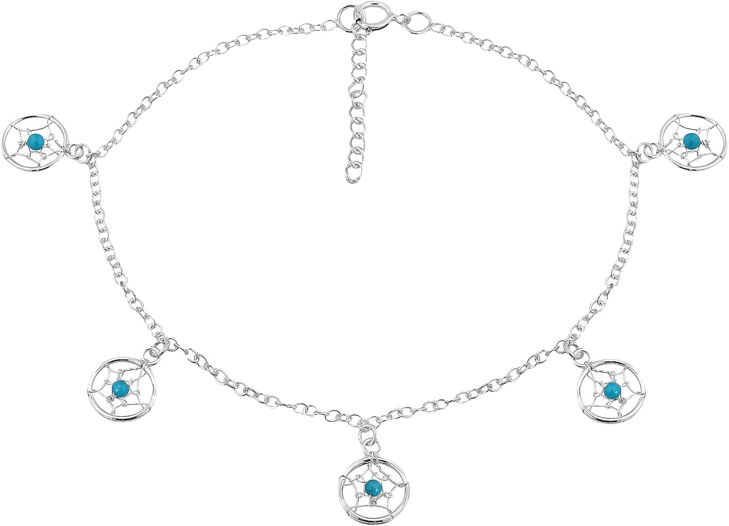 AeraVida Mystic Dangle Dreamcatcher with Simulated Turquoise Accent .925 Sterling Silver Link Anklet