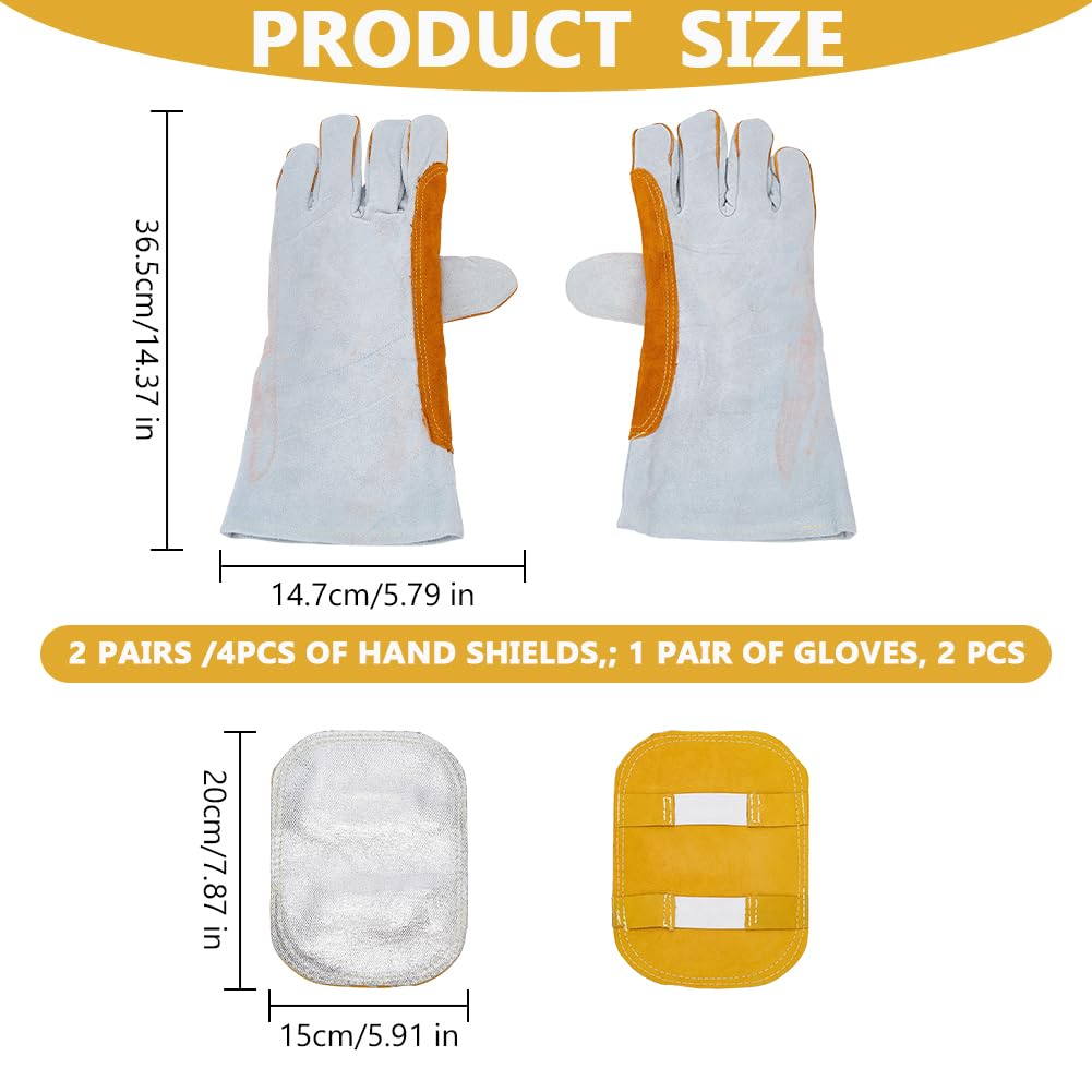 WADORN 1Paar Hand Hitze Schild Schweiß Handschuhe und 4 Stück Schweiß Hand Polster, Geteilt Rindsleder Leder Aluminiumbeschichtet Rücken Hände Polster Handschuhe für Industrie Kessel Schneiden Schutz