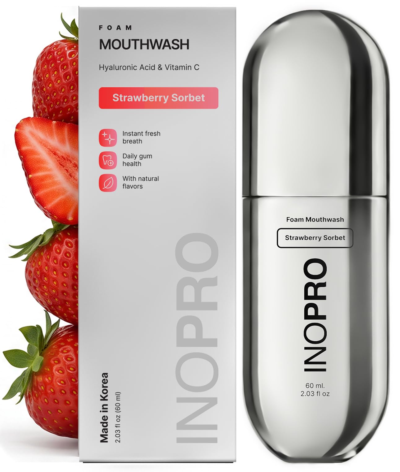INOPRO Foam Mouthwash with Nano-Hydroxyapatite, Xylitol, Hyaluronic Acid, Vinamin C, Alcohol Free, Fluoride Free Oral Rinse Portable Travel Size - Strawberry Sorbet, 2.03 fl oz