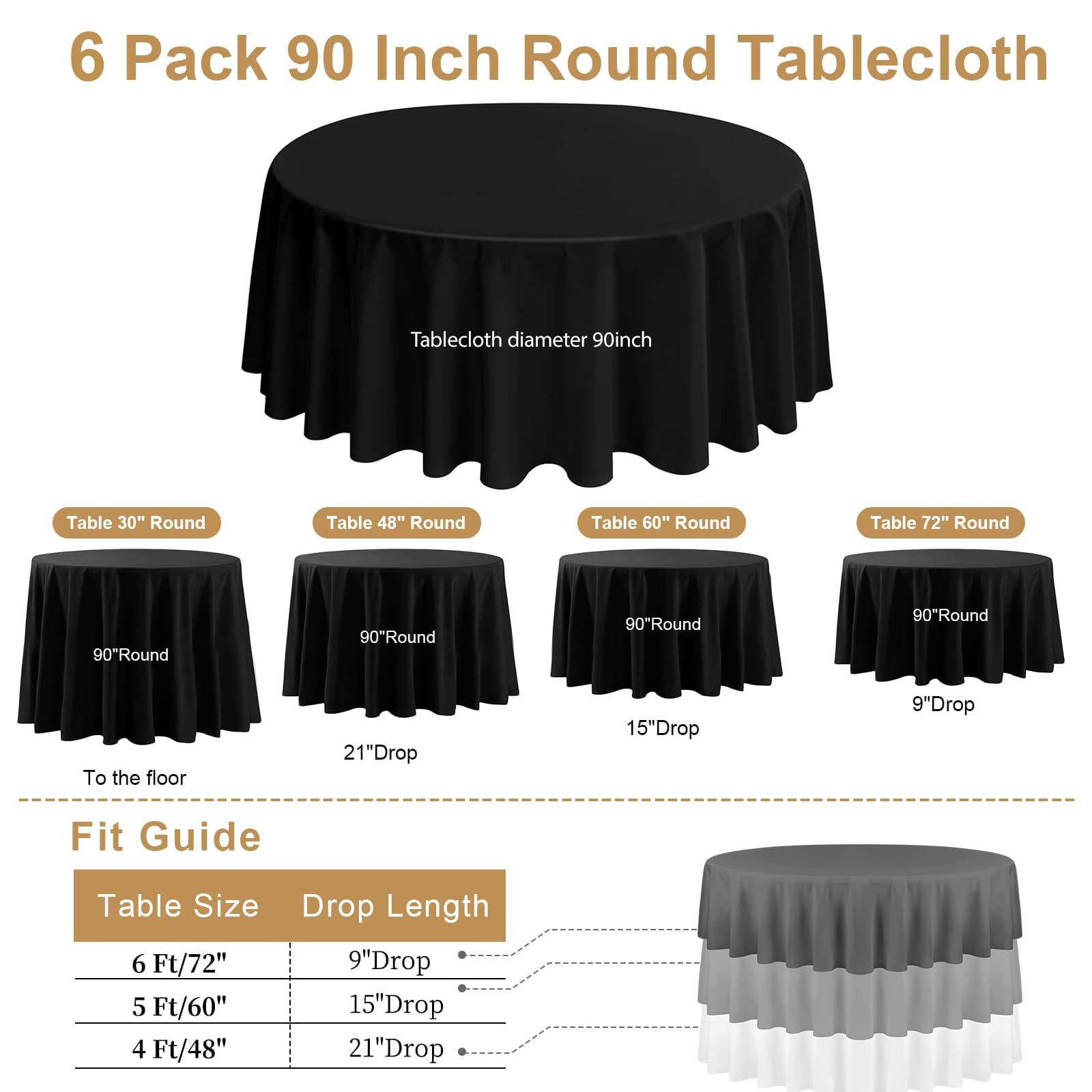 Paquete de 6 manteles redondos negros de 90 pulgadas, mantel redondo de tela de poliéster, antimanchas y arrugas, mantel lavable para bodas, fiestas, banquetes, cenas