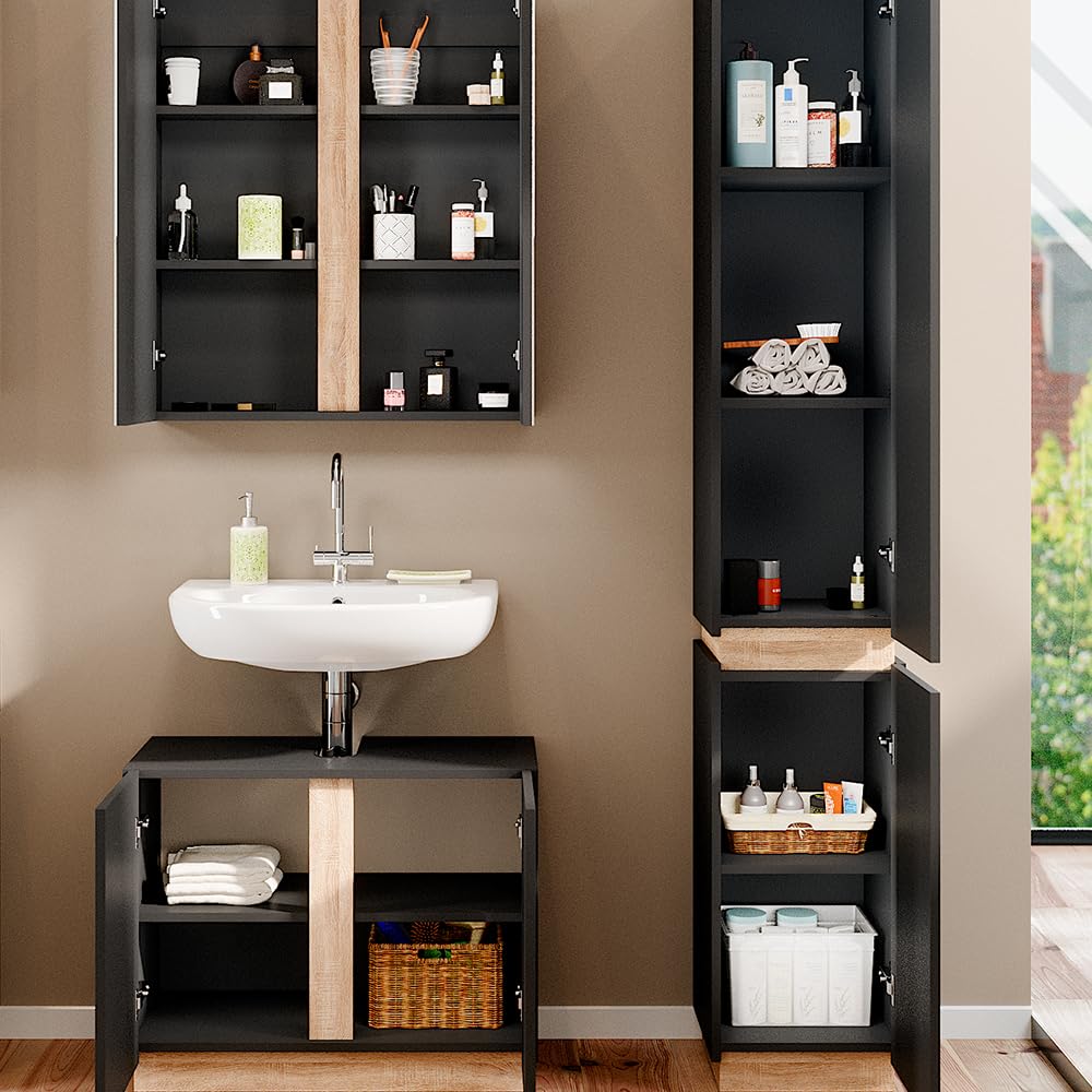 Vicco Badmöbel-Set Gloria, Anthrazit, 70 cm, besteht aus Waschbeckenunterschrank, Spiegelschrank und Hochschrank