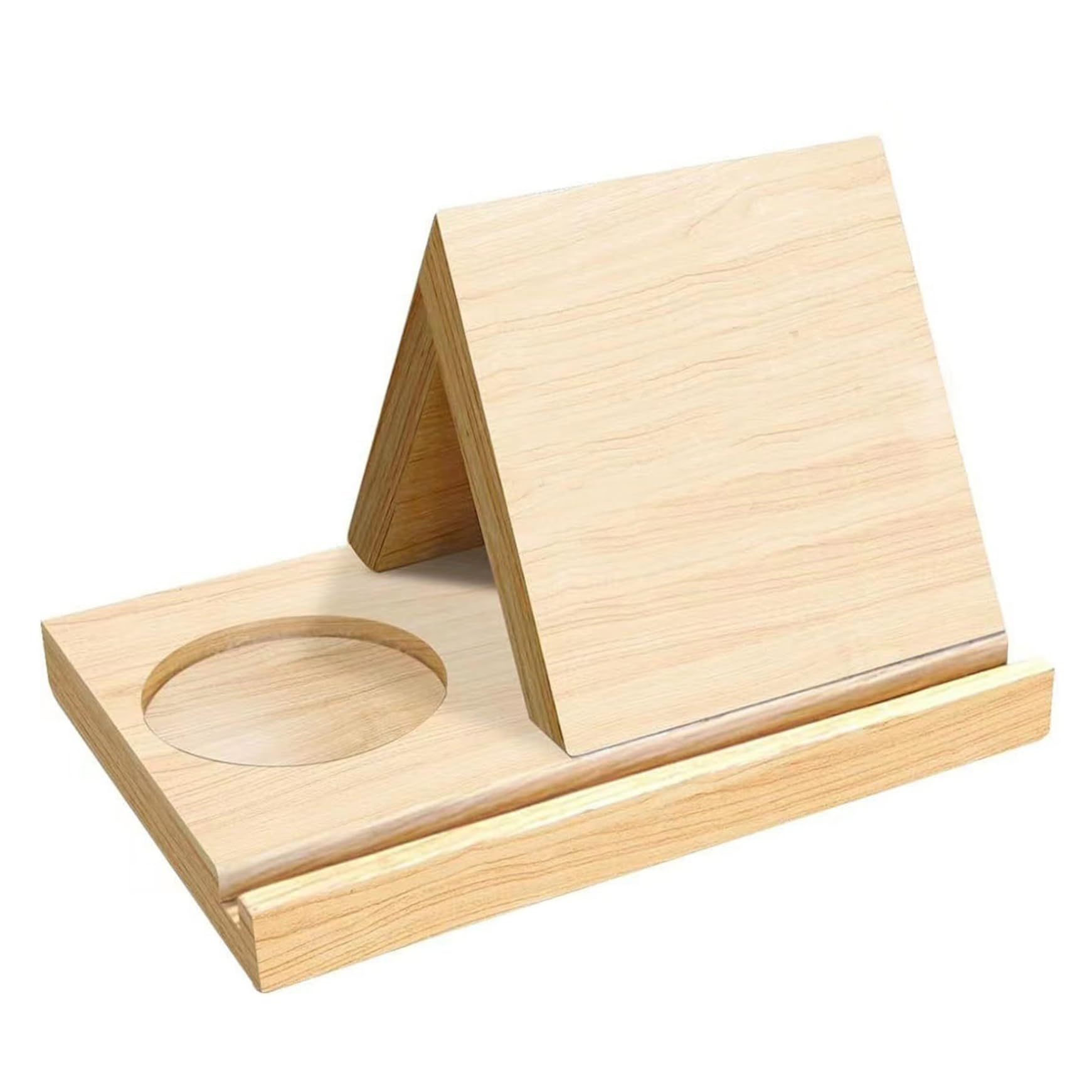Support de livre triangulaire, repose-livre en bois pour lire avec porte-gobelet et support de téléphone intégrés, organisateur bureau multifonctionnel pour livres, tablette et tasse à café, trian