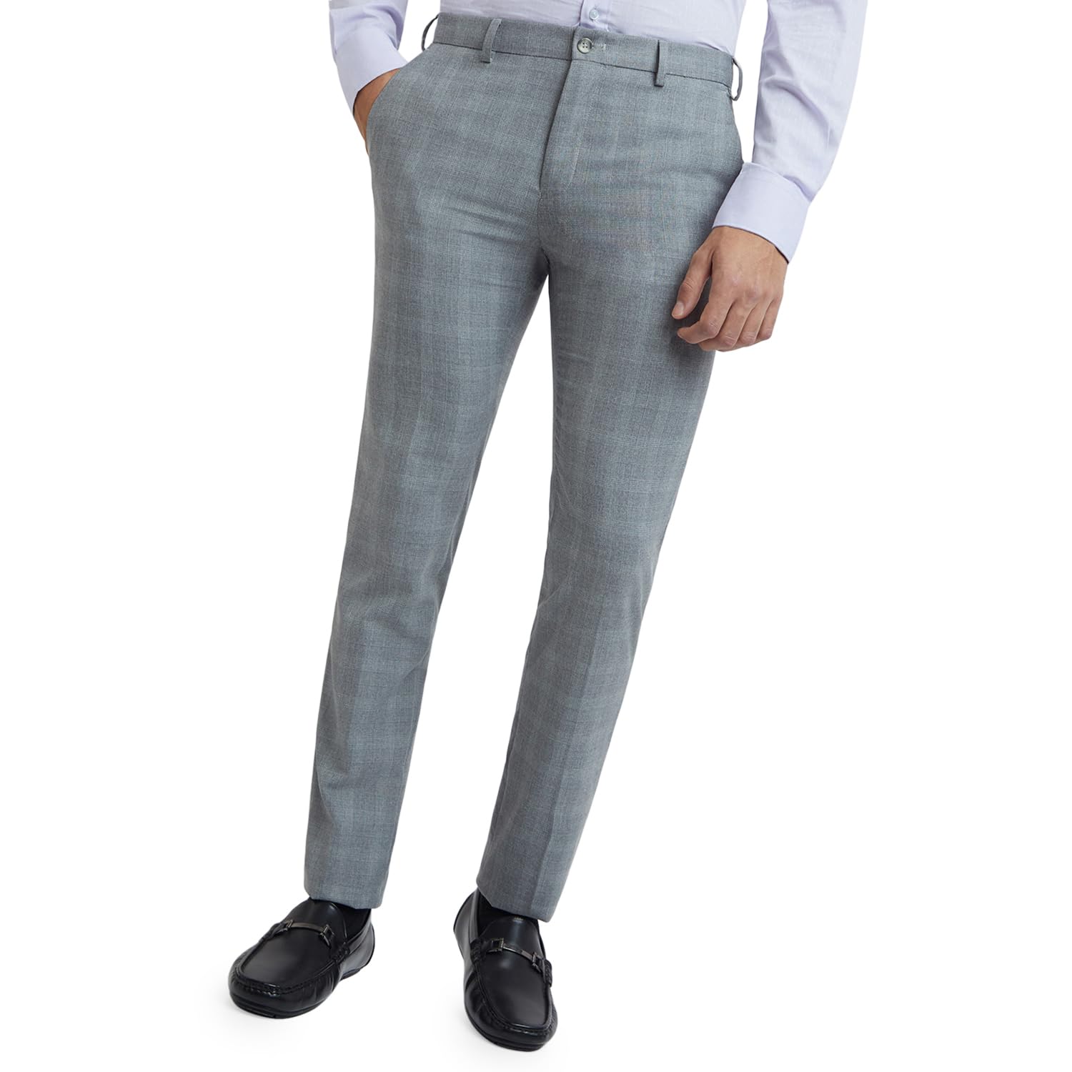 Men's Slim Fit Checks Pattern Poly Viscose Blend Flat Front Formal Trouser-image-31