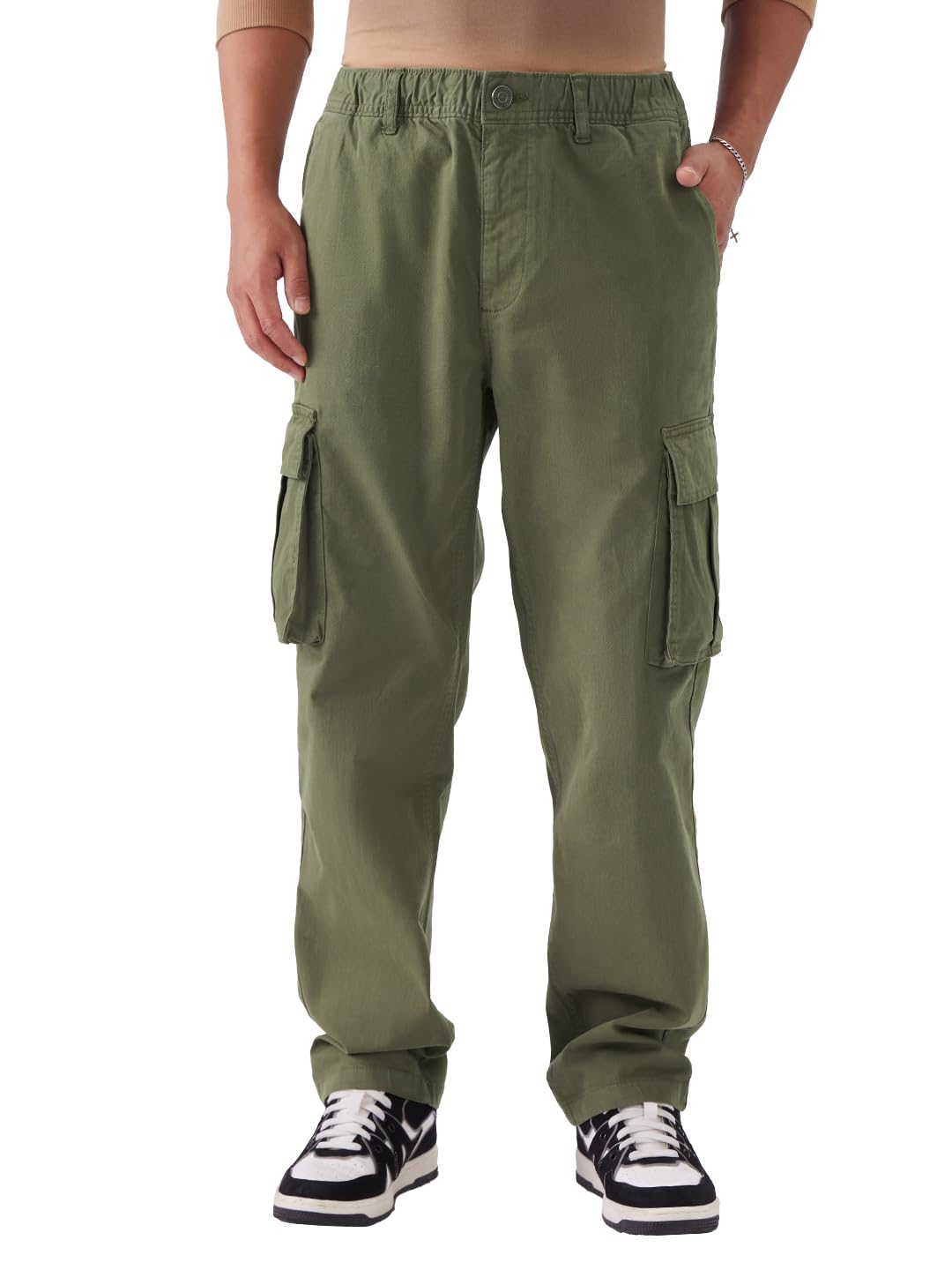 The Souled Store Solids: Moss Green Men and Boys Straight Fit Cotton Blend Cargo Pants in green