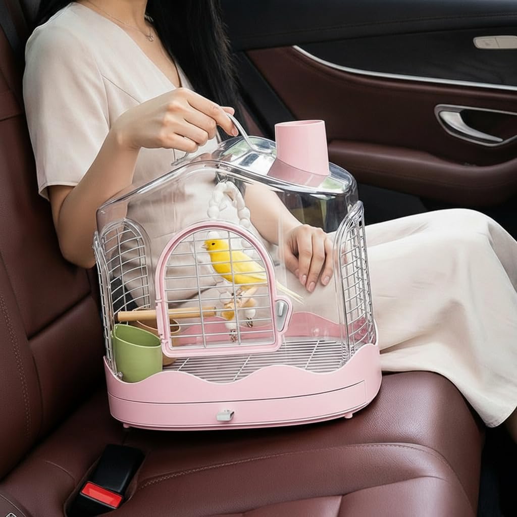 Gabbia Portatile per Uccelli Trasportino Voliera Trasporto Sicuro Design Leggero Compatto Sportello con Blocco Vassoio, Rosa, Gabbia per uccelli 986 - Rosa