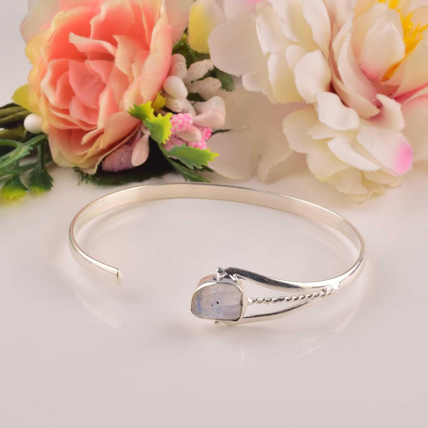 Natural Raw Rainbow Moonstone Cuff Bracelet, Healing Crystal Cuff Bracelet, Birthstone Bracelet, Bangle Bracelet, Rough Gemstone Bracelet, Jewelry For Woman (Rainbow Moonstone) - Image 7