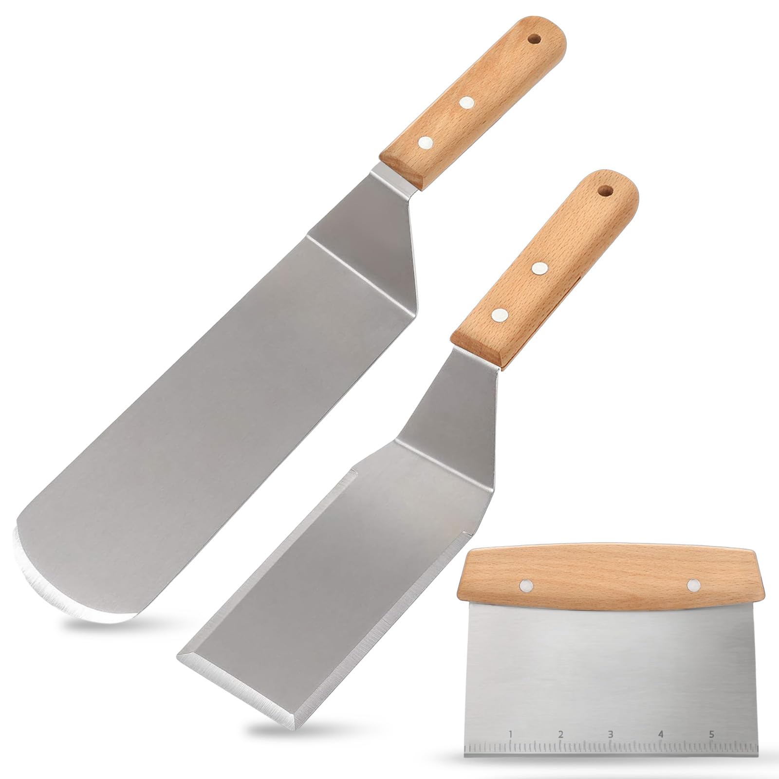 3 PCS Griddle Spatula Stainless Steel Spatula Set with Wood Handle Griddle Accessories Heavy Duty Spatulas and Scraper for Cast Iron Griddle BBQ Flat Top Grill