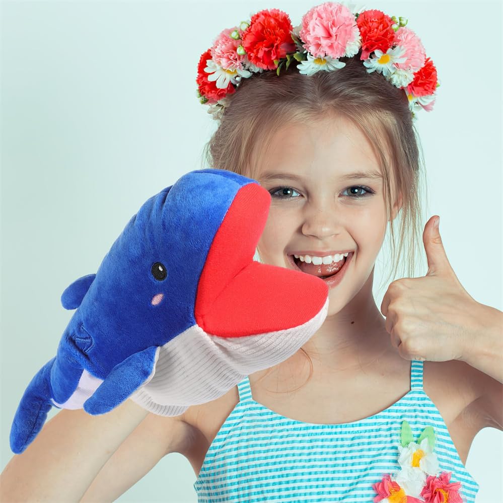 Marionnette à la main baleine bleue 30 cm en peluche ultra douce, bonhomme animal réaliste pour raconter des histoires, jouet créatif éducatif, convient aux jeux interactifs