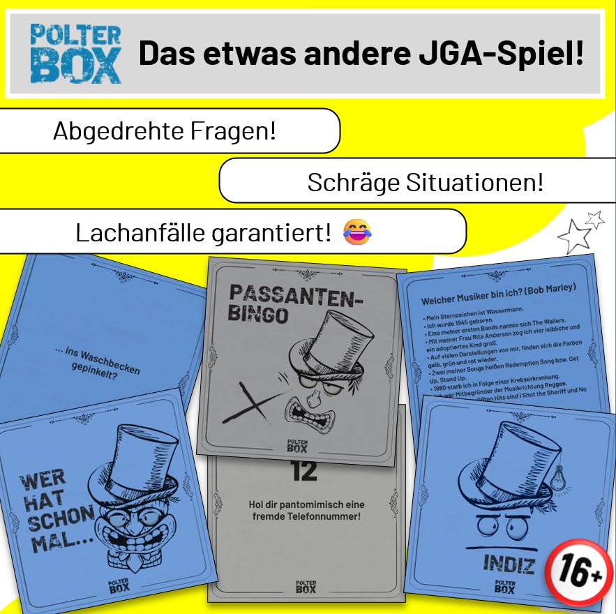 JGA PolterBox Deluxe – Komplettset mit 11 Partyspielen für Junggesellenabschied, 4–20 Spieler – All-in-One JGA Partybox für Polterabend, Aufgaben & Gruppen-Challenges (Men’s Edition)