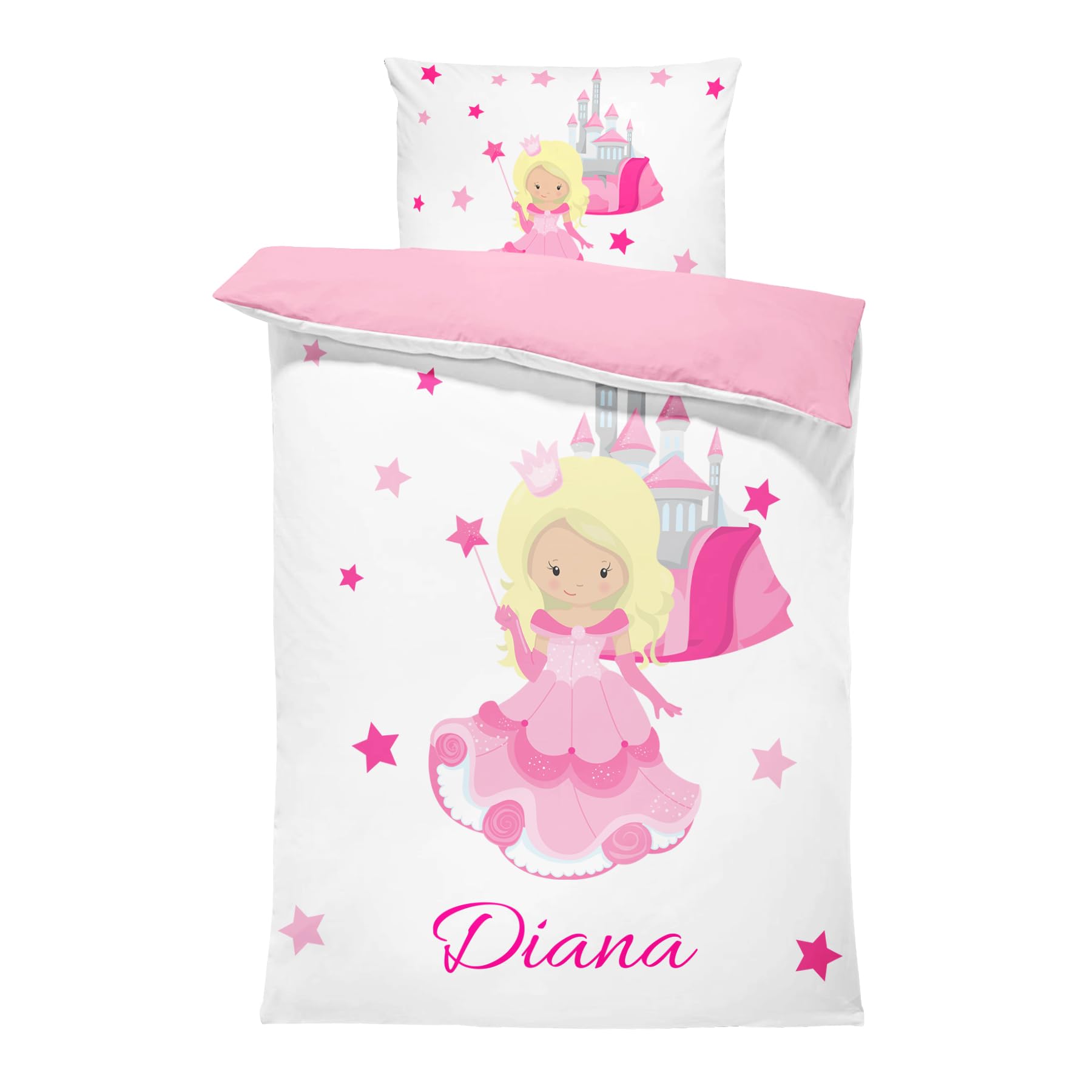 Pictogogo Personalisierte Baby Bettwäsche mit Prinzessin, Wählbare Unterfarbe aus Baumwolle, Prinzessin Bettwäsche Mit Namen, Babybett Komplett Set Mit Reißverschluss (135 x 200 cm)