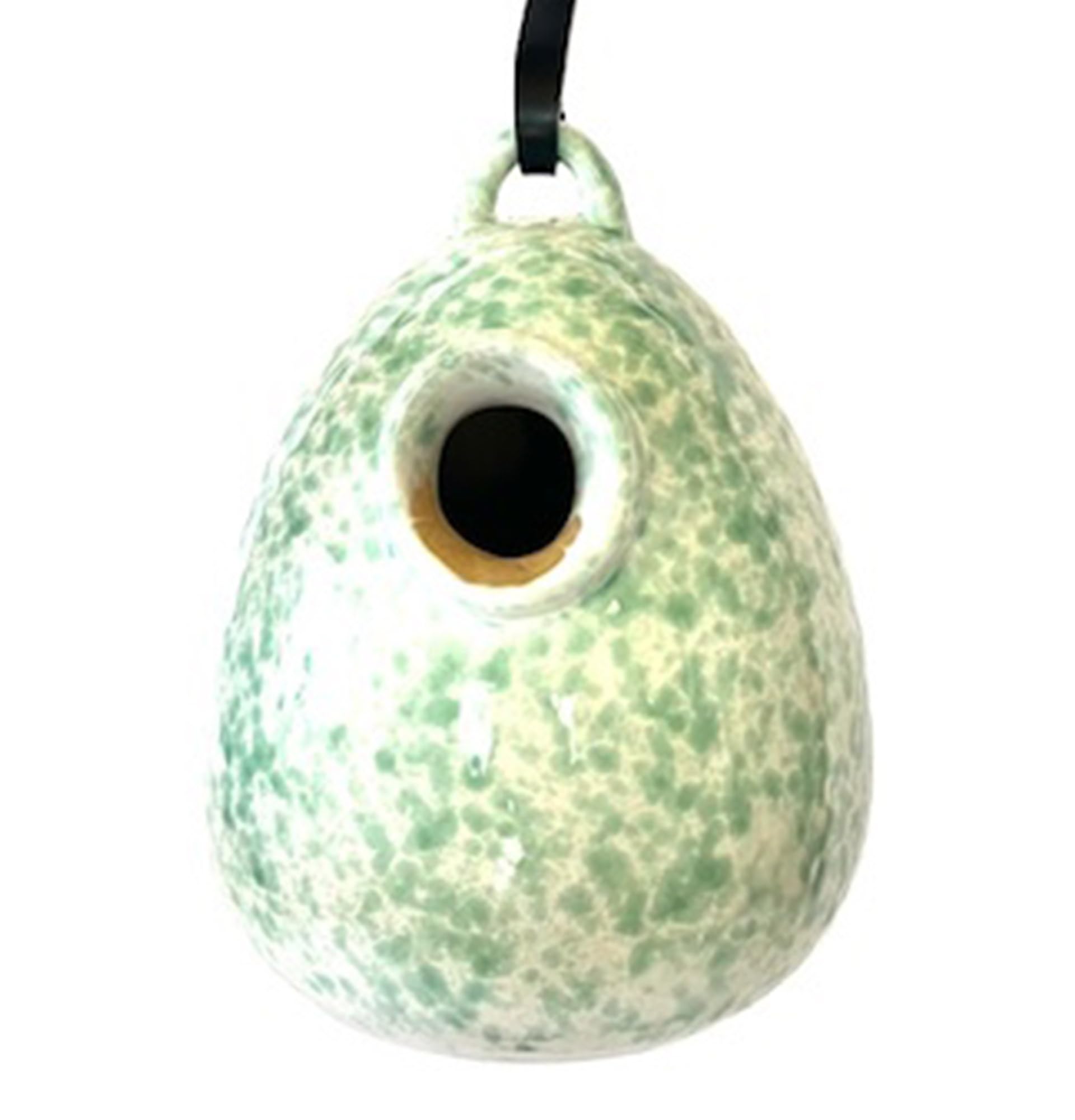 Byer of Maine Egg Bird Home for Small Songbirds, Meadow Green, High Fired Porcelain Stoneware, Ceramic Bird House, Glaze Finish, with Forged Steel