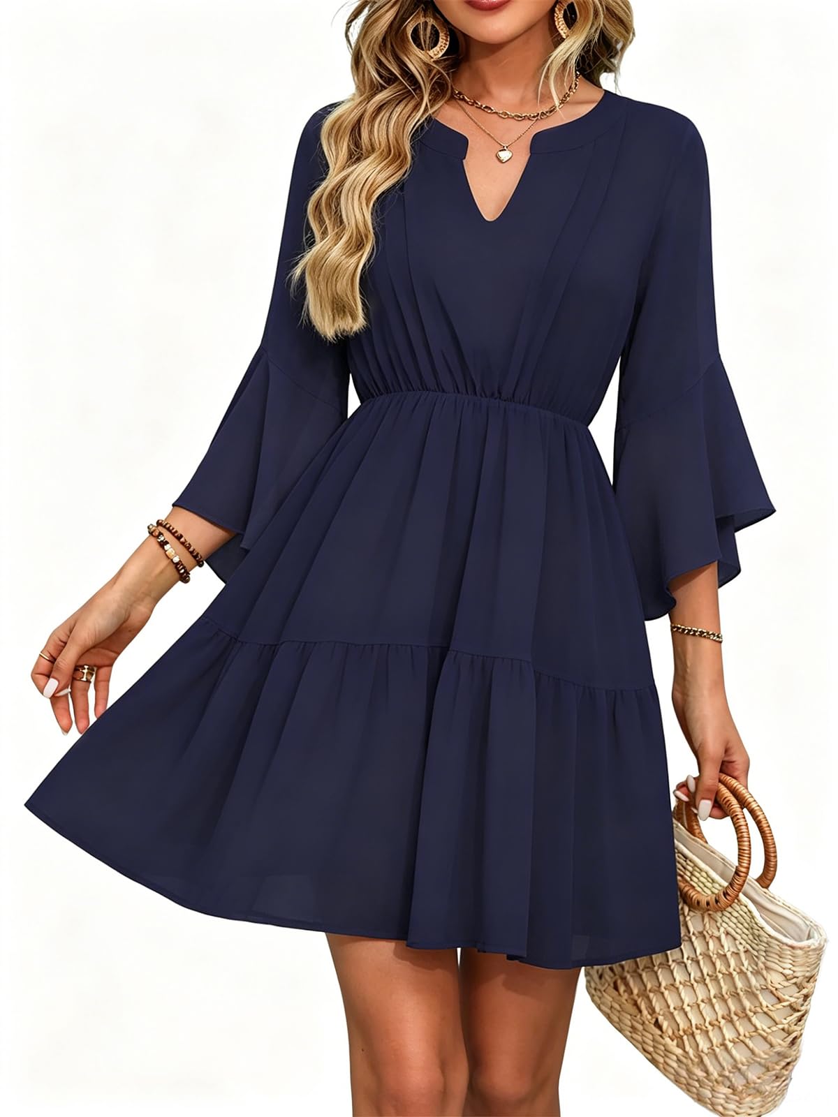 Womens Spring Summer Mini Dress Western Ruffled Sleeve Chiffon V Neck Flowy A Line Short Wedding Guest Party Dresses
