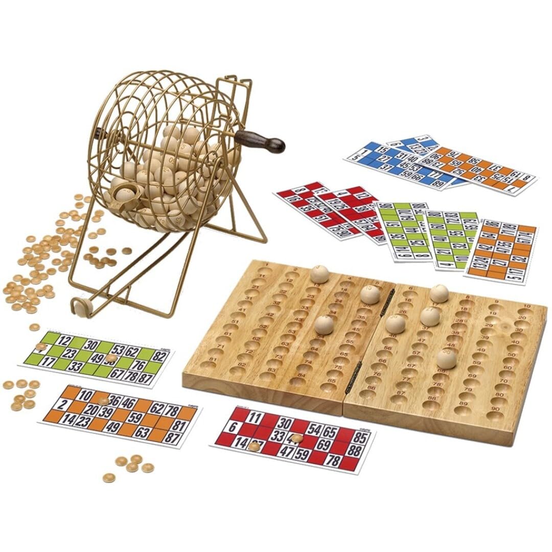 Bingo 90 métallique : jeu de société familial, plateau en bois et jetons en laiton, 28 cm, accessoires inclus.