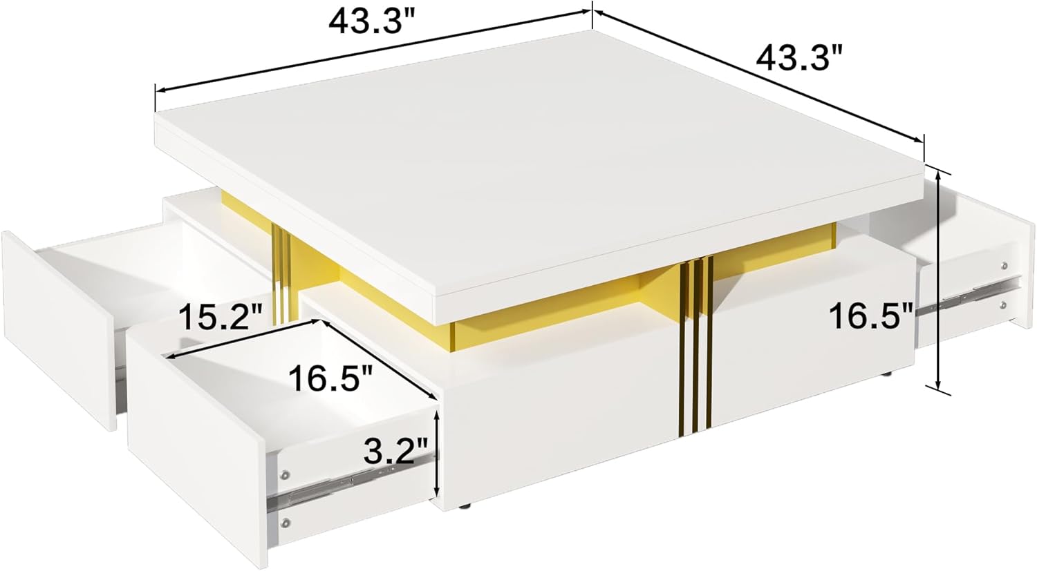 43.3'' Modern Glossy Square Storage Coffee Table with 4 Drawers, White