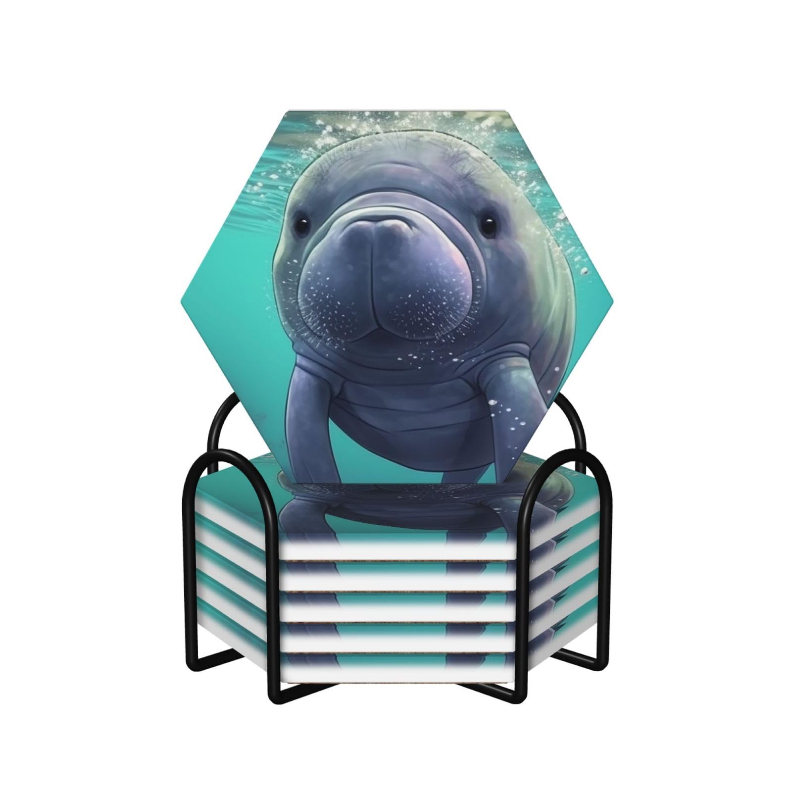 6Pcs Ceramics Coaster for Drinks, Cute Sea Animal Manatee Cup Coasters with Holder, Aesthetic Drink Coasters for Coffee Table, Absorbent Round Coaster for Tabletop Protection 4" Cup Mat Pad