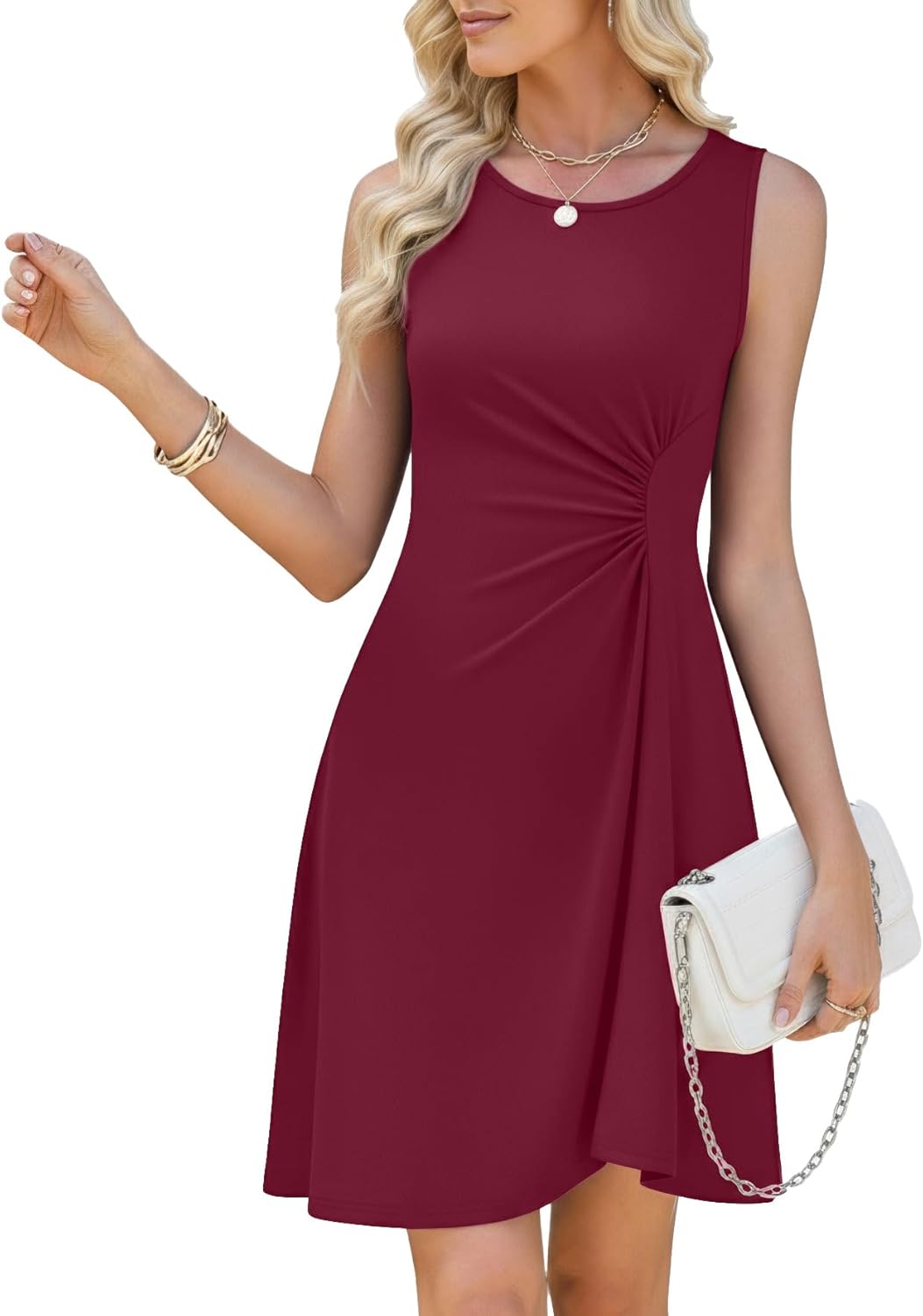 WEACZZY Women's Summer Sleeveless Dress Ruched Waist Flowy A Line Mini Cocktail Party Dresses