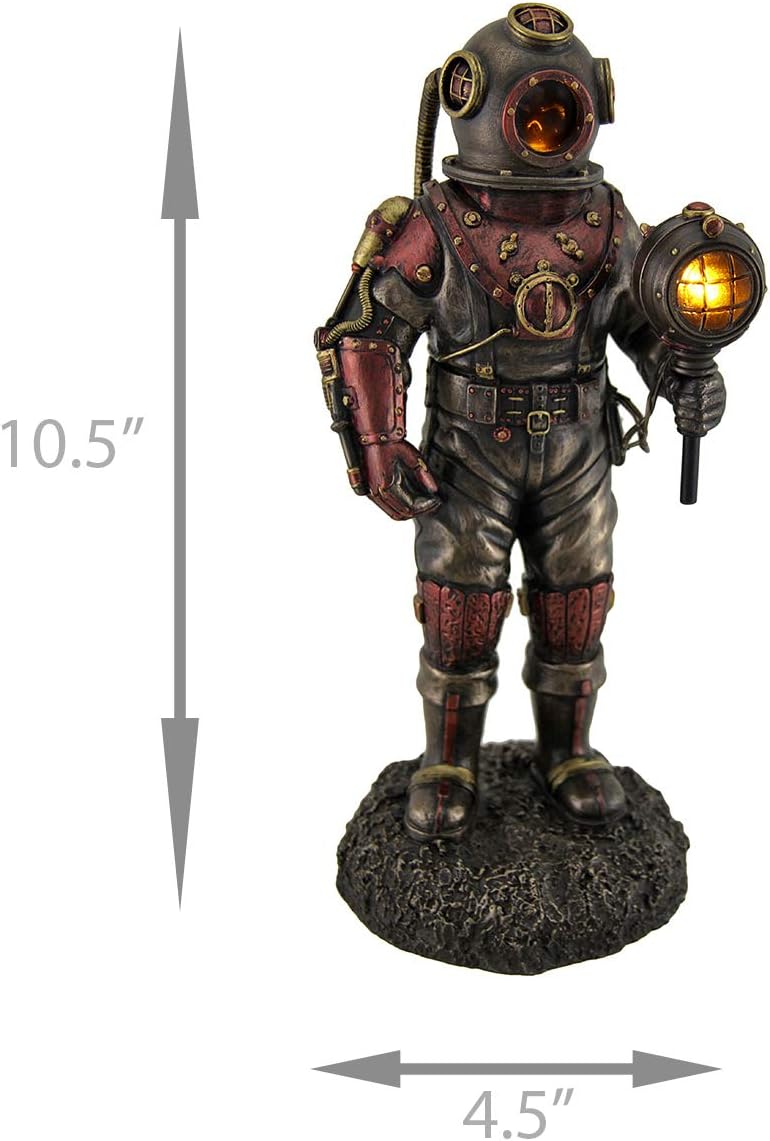 Veronese Design 10 5/8 Tall Steampunk Skeleton in Diving Suit Statue LED Lighting Diving Bell Statue Cold Cast Resin Antique Bronze Finish Sculpture