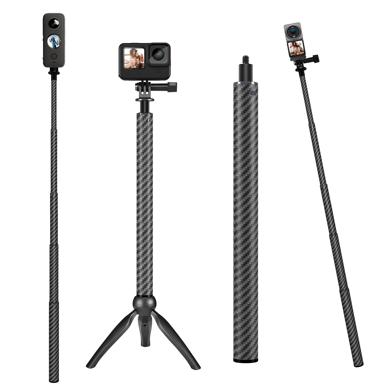 TELESIN Selfie Stick Long with Tripod for GoPro Max Insta360 (120cm/47.2 inch), Carbon Fiber Selfie Pole Telescoping Extension for Go Pro Hero 10 9 8 7 6 5 One R One X2 Go 2 DJI Action 2 Osmo Pocket 2