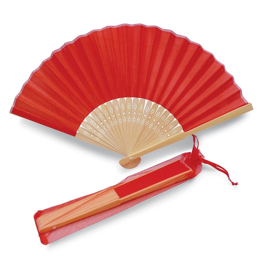 OLILLY 50 Abanicos de Seda para Boda de Color Rojo con Bolsita Individual en Organza (50 Abanicos) (Rojo, 50 Abanicos)