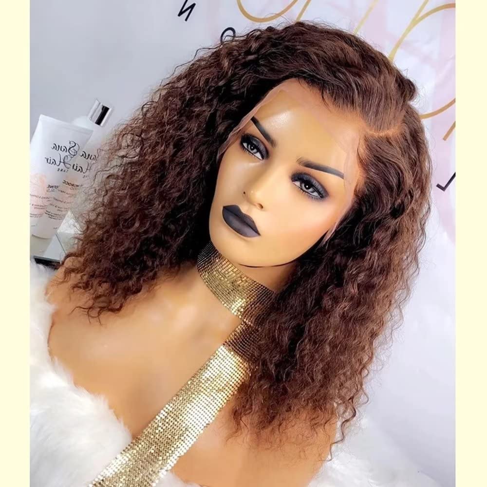 Ombre Colored Short Curly HD Invisible 13X6 Deep Side Part Lace Front Wig Human Hair Pre Plucked Brown Curly 150 Density Wigs with Baby Hair Glueless Short Loose Curly Human Hair Wigs for Women