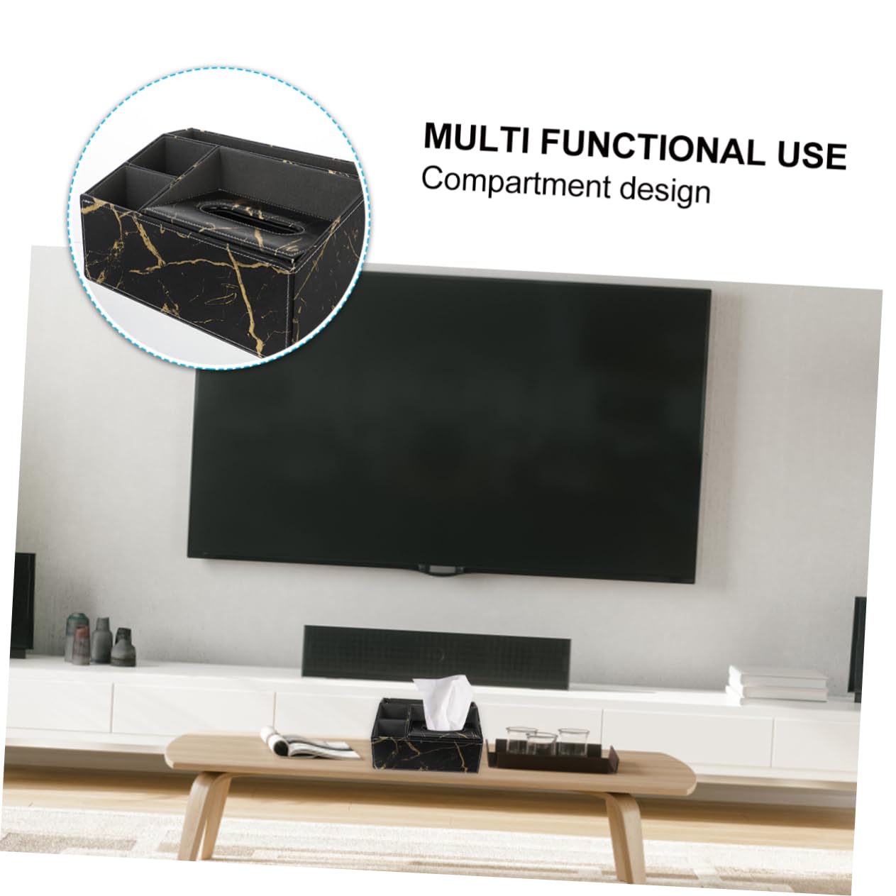 PRETYZOOM Caja Organizadora Multifuncional de Cuero Negro Diseño Mármol para Pañuelos y Control Remoto, Tamaño Mediano, para Escritorio y Hogar, Contenedor Decorativo Elegante