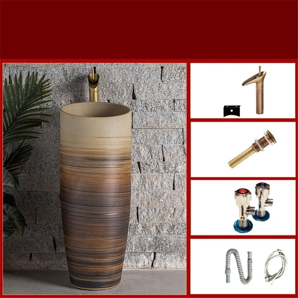 Lavabo del baño Fregadero de Pedestal Integrado cerámica con Grifo y Kit Drenaje for Patio