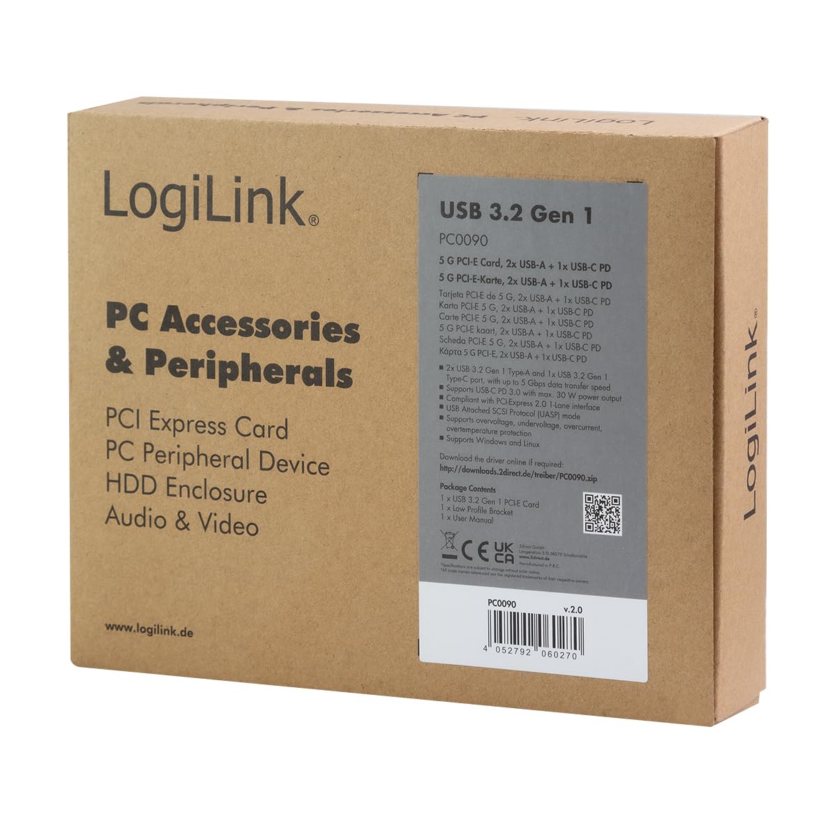 LogiLink PCI Express karta USB 3.2 (Gen1) z 1 x USB-C (Power Delivery 3.0) i 2 x USB-A