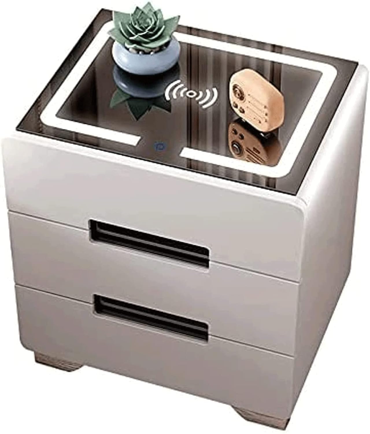 Armoire de chevet intelligente en finition noire avec trois tiroirs de rangement chics