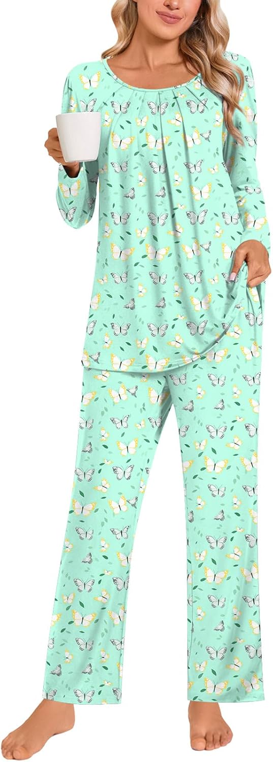 Anymeet Womens Pajama Set Long Sleeve 2 Piece Winter Ladies Sleepwear Soft PJs Comfy Lounge Sets with Pockets