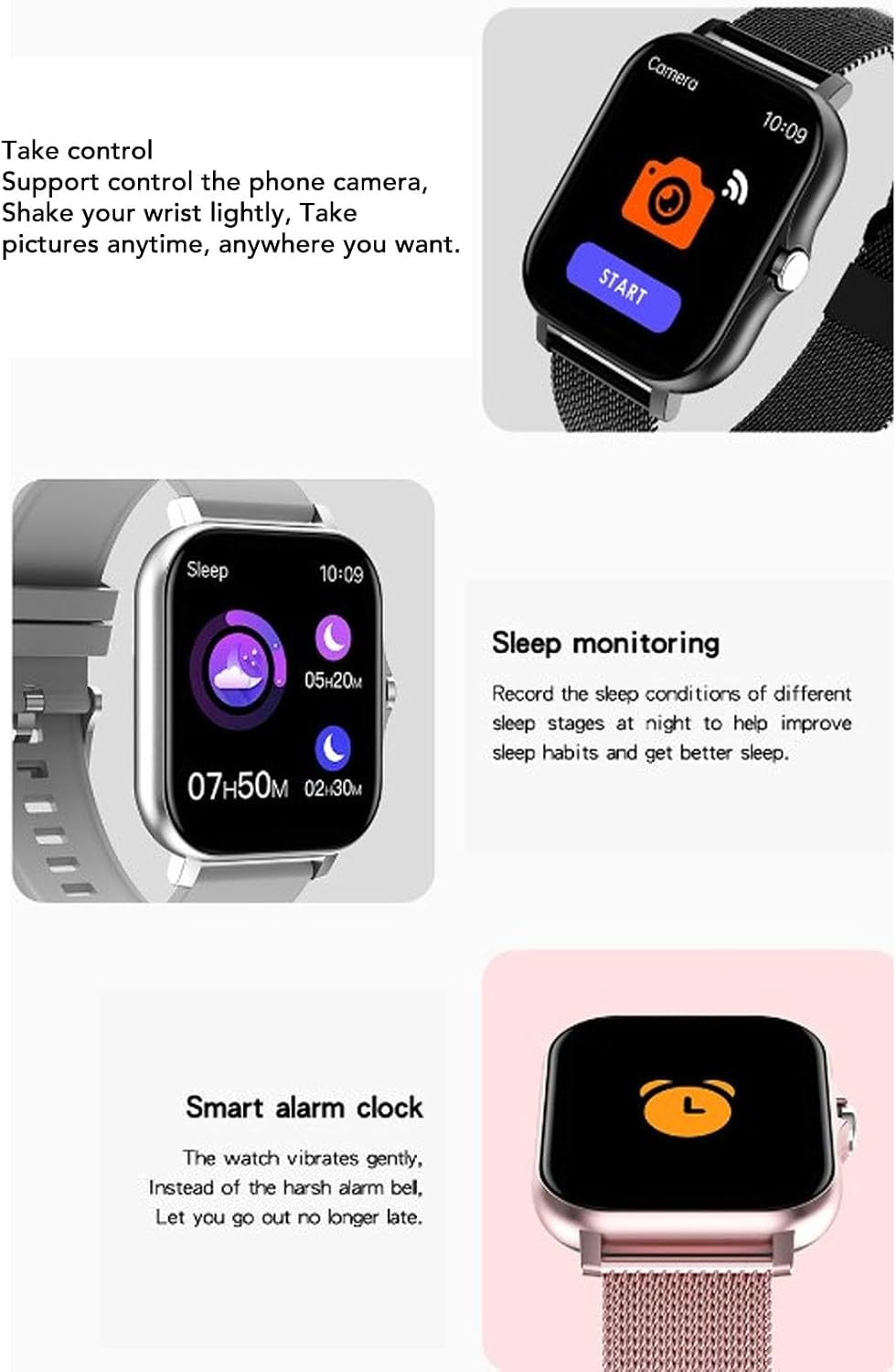 Screenshots on the smartwatch showing camera control, sleep monitoring data, and an alarm clock interface.