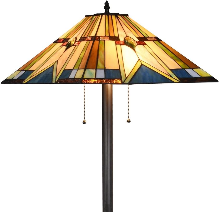 Tiffany Style 2-Light Reading Floor Lamp Stained Glass Mission Floor Standing Lamps, 60-Inch Tall x 16-Inch Wide