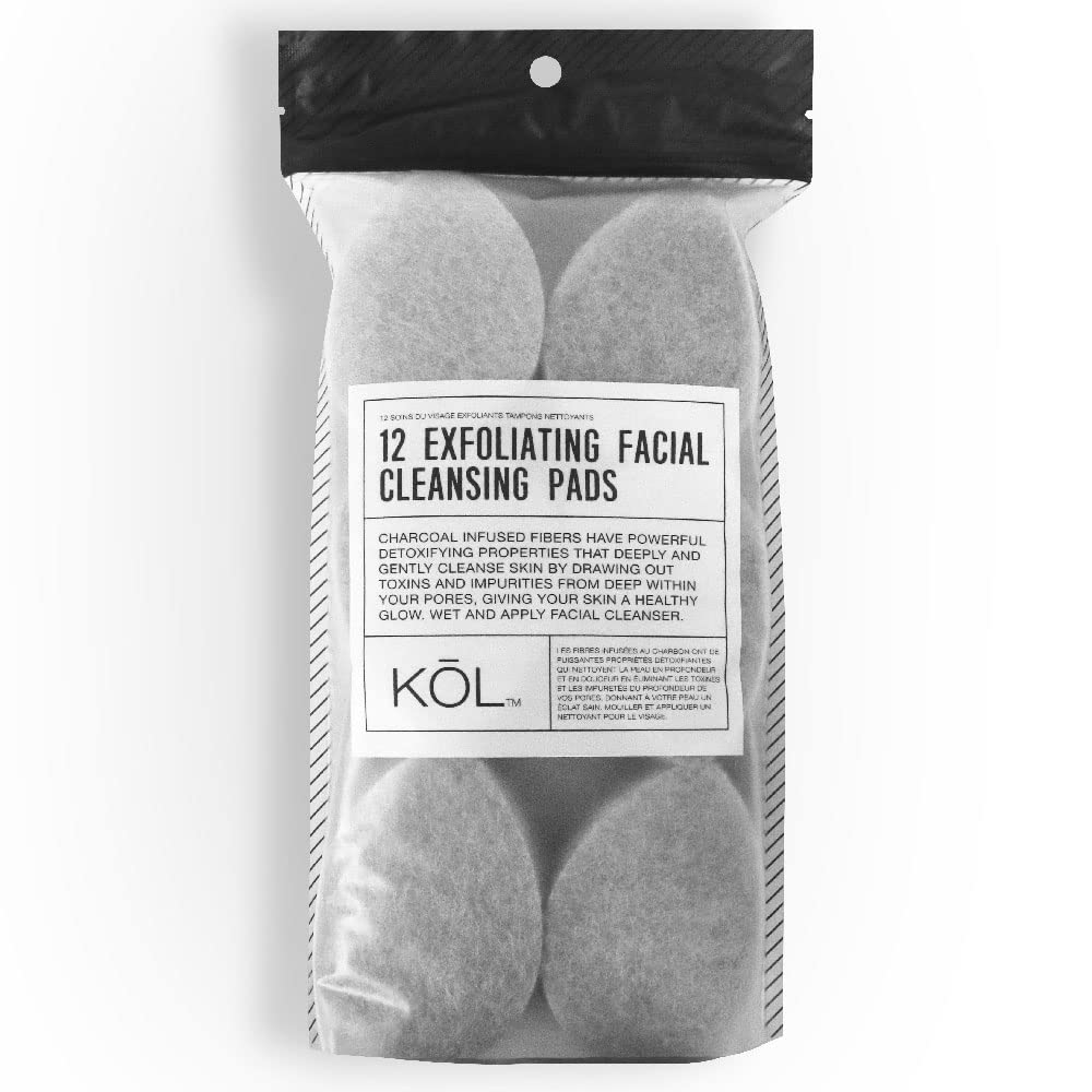 KOL Face Scrubber, Charcoal Infused Exfoliating Facial Cleansing Pads, Disposable Exfoliator Face Sponge for Daily Cleaning and Makeup Removal, 12 Count
