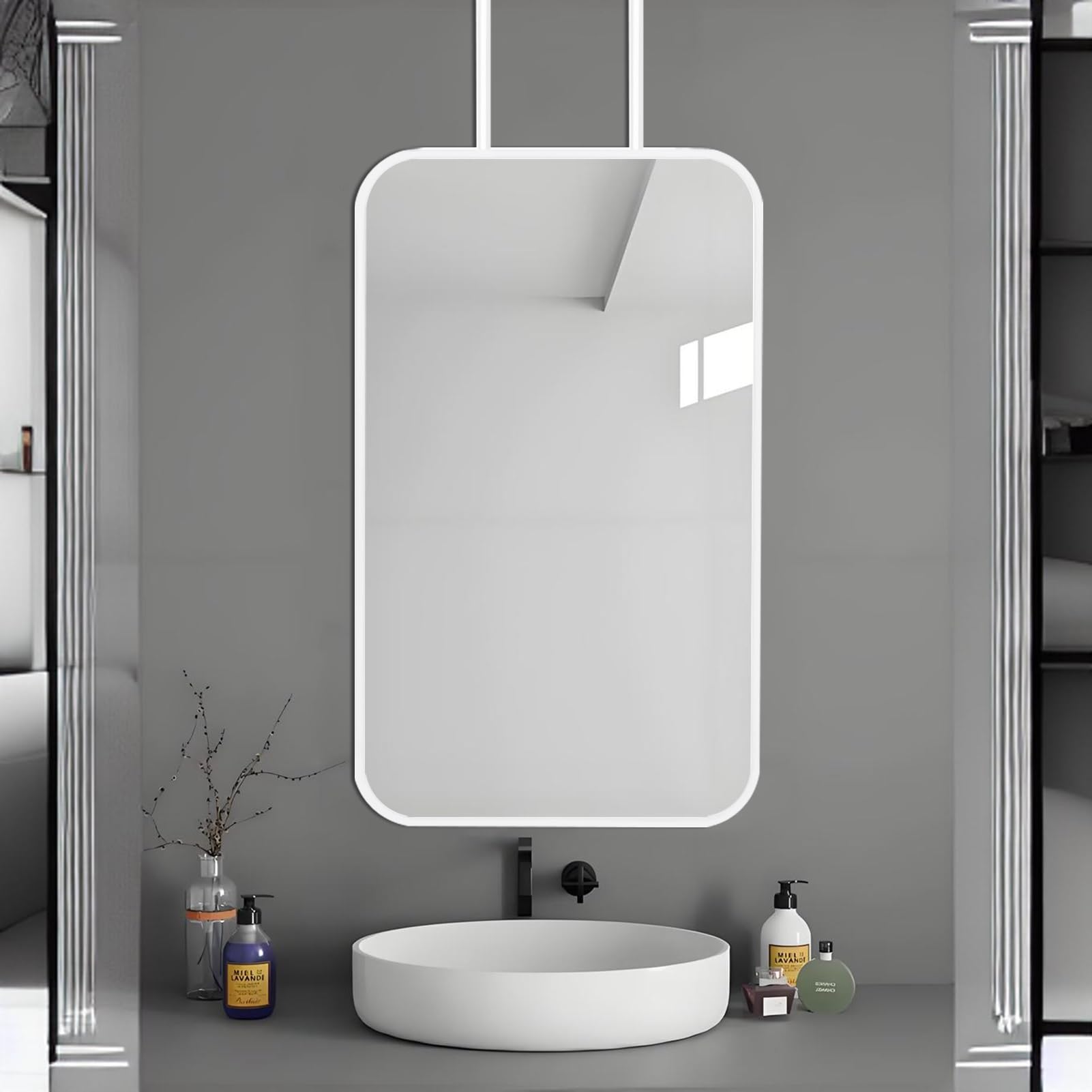 FGXHHS Floating Decorative Mirror, Make-up Mirror for Ceiling Hanging, Customizable Metal Rod Bedroom Bathroom Living Room Entryway Hallway(50cmx70cm)