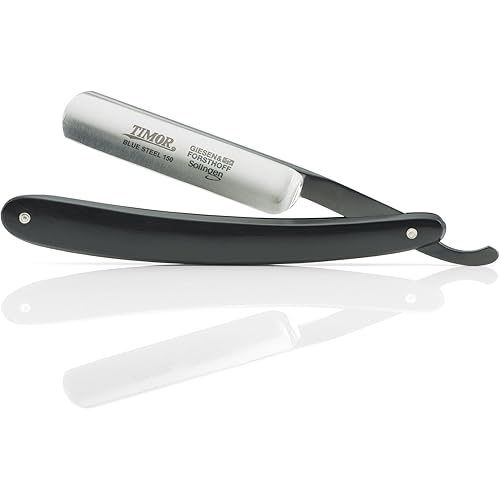 Timor TIM1505 Straight Razor Black Slim 6 3/8" closed. 4" blue oxide finish carb