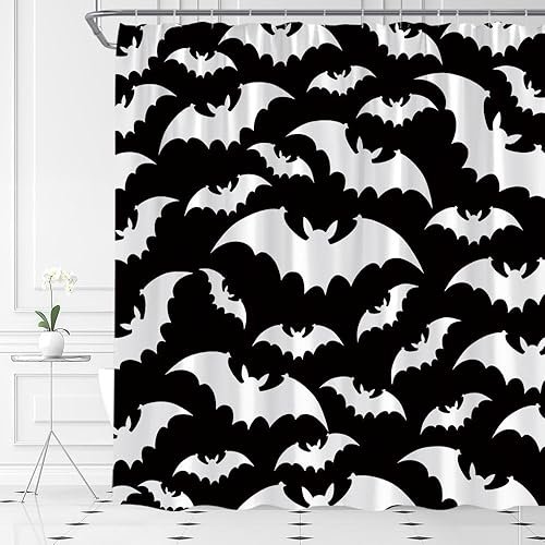 Miniatura 2 de Juego de cortina de ducha de murciélagos espeluznantes de Halloween, diseño gótico de terror en blanco y negro, juego de decoración de baño con
