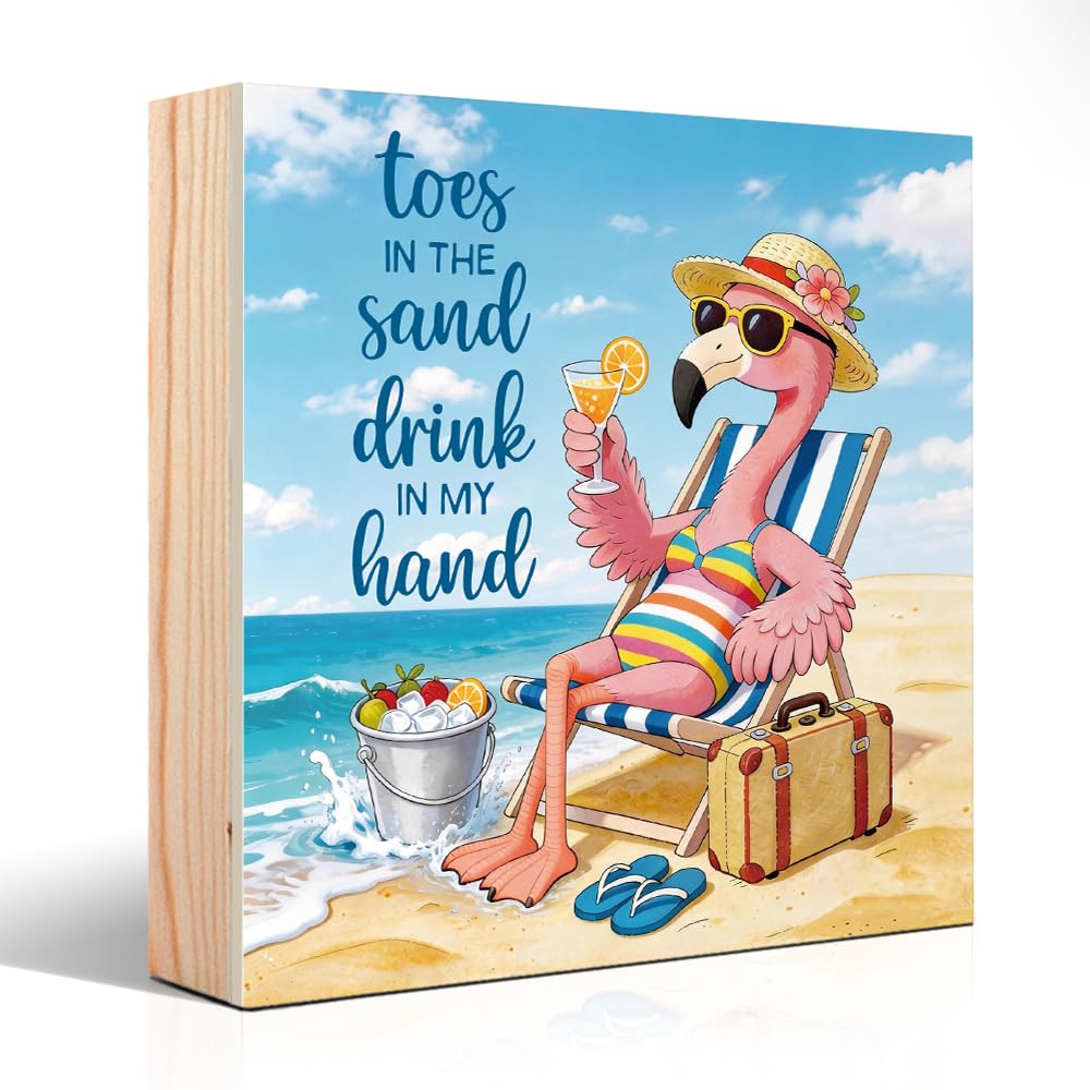 Toes In The Sand Schild mit Aufschrift "Drink In My Hand", Holzkistenschilder für Zuhause, Strand-Flamingo-Schreibtischdekoration für Büro, Zuhause, entspannendes tropisches