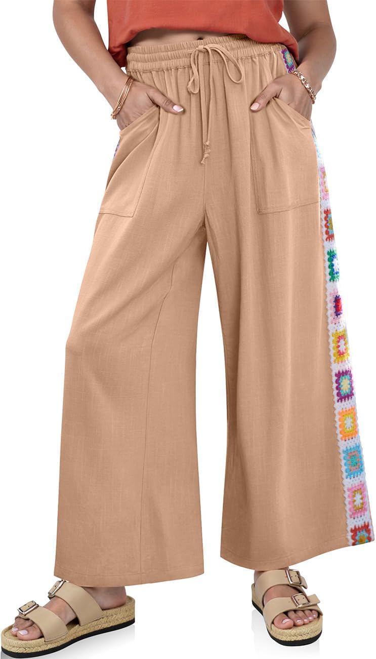 TARSE Womens Wide Leg Linen Pants Summer Casual Drawstring Loose Lounge Palazzo Crochet Panel Pant with Pocket