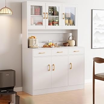 Kitchen Cabinet 170 cm Storage Cabinet Buffet Cabinet with Worktop Wooden Kitchen Cabinet White Kitchen Cabinet Sideboard Kitchen with Drawers and Glass Door Raised Base 172 x 100 x 30 cm