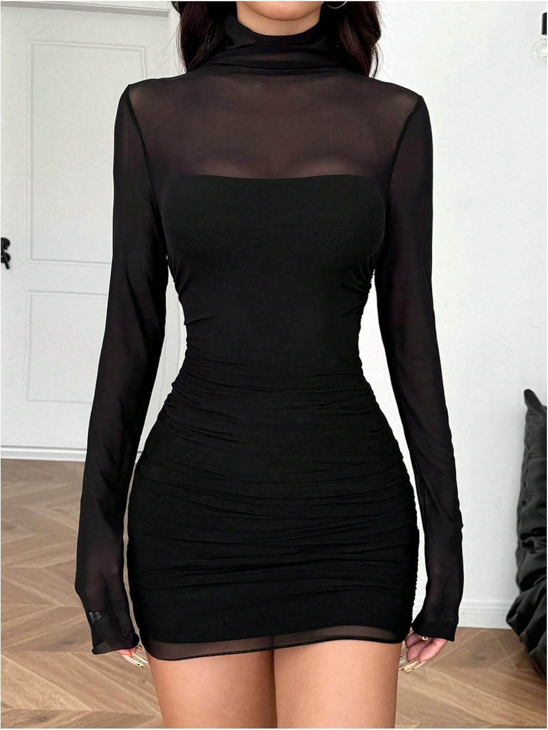 GORGLITTER Women's Mesh Long Sleeve Mock Neck Mini Dress Elegant Classy Y2K Fall Gothic Patchwork Bodycon Dresses Black Medium - Image 4