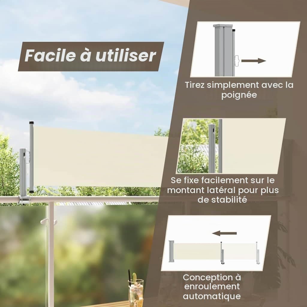 vidaXL Auvent Latéral Rétractable de Patio Store Latéral Brise-Vue Abri Soleil Jardin Terrasse Balcon Exterieur Résistant aux UV 60x300 cm Crème