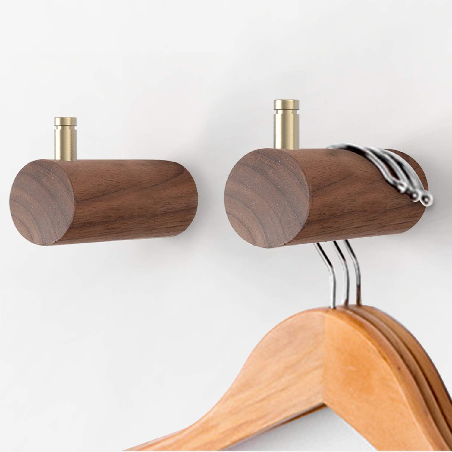 ETECHMART Wood Wall Hooks, 2PCS Modern Coat Hooks, 4 Inch Entryway Coat Rack Wall Mounted, Natural Wooden Towel Hooks with Solid Brass on The Top for Hanging Keys, Plants, Clothes, Black Walnut